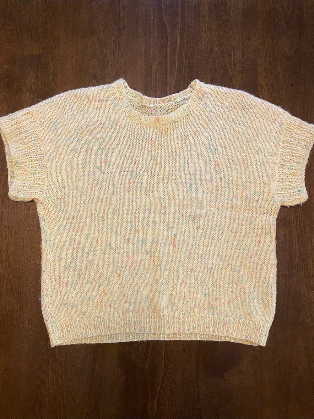 Butter Yellow HANDMADE Knit Short-Sleeve Sweater with Pastel Speckle